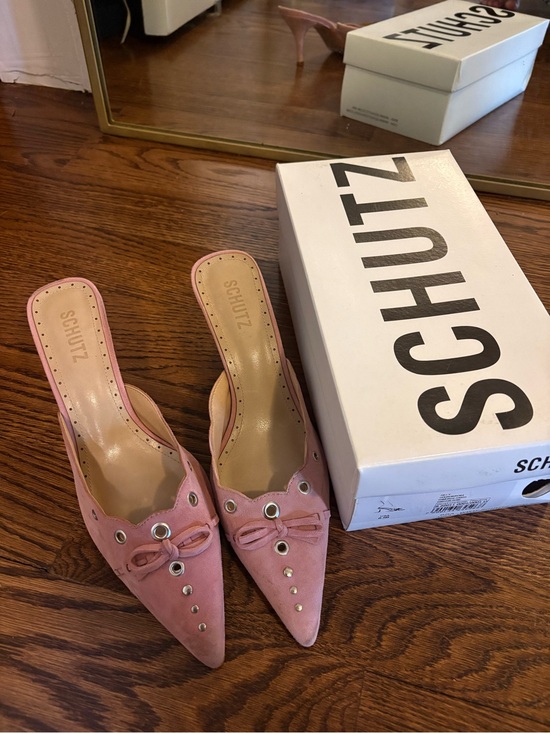 SCHUTZ Shoes - SCHUTZ Pink Suede Pointed Toe Slip-On Mules with Bow
